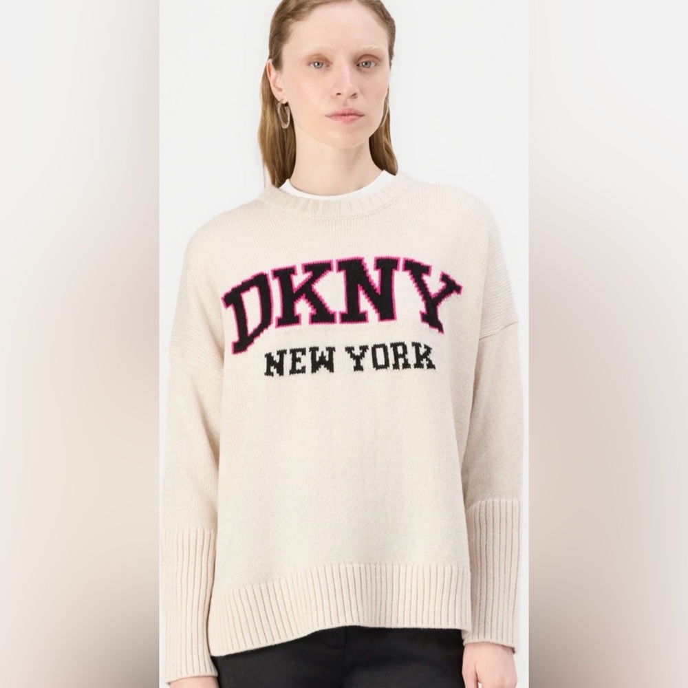 DKNY VARSITY LOGO RELAXED FIT SWEATER SIZE L